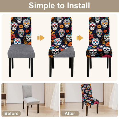 ANNA QUEEN Halloween Sugar Skull Chair Covers for Dining Room and Kitchen Set of 4 – Stretchable Floral Day of the Dead Chair Slipcovers, Festive Halloween and Holiday Décor