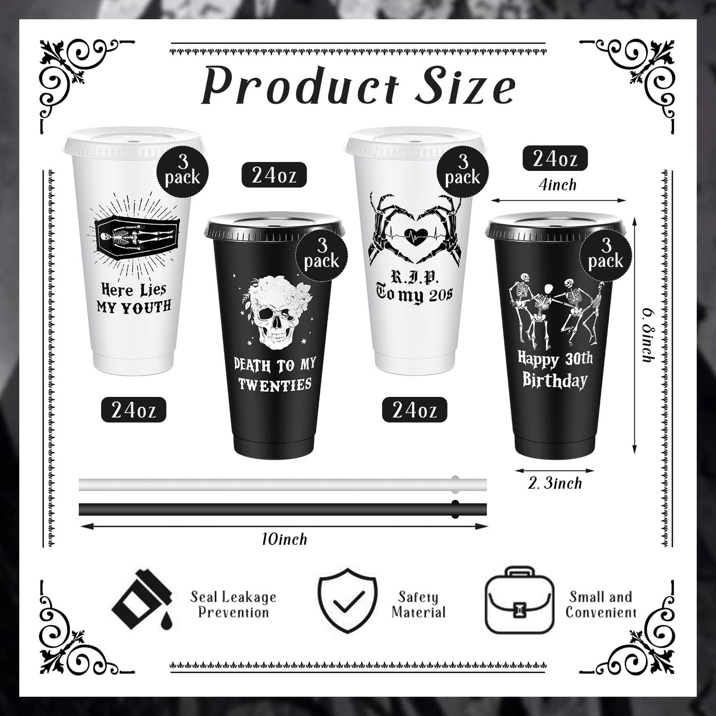 Uiifan 12 Pcs Gothic 30th Birthday Cups Death to My 20s Party Decorations Plastic Tumbler with Lid and Straw 24oz Reusable Cup Skull Design Happy Halloween Men Gifts Funny Supplies