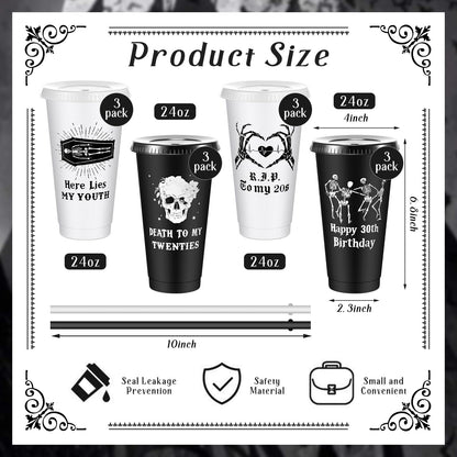 Uiifan 12 Pcs Gothic 30th Birthday Cups Death to My 20s Party Decorations Plastic Tumbler with Lid and Straw 24oz Reusable Cup Skull Design Happy Halloween Men Gifts Funny Supplies