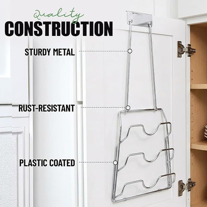 Evelots 2-in-1 Pot Lid Organizer with Towel Holder - 2 Pack, 3-Tier Cabinet Door Rack - Space-Saving Kitchen Organizer for Glass or Metal Pan Lids & Towels - Over the Door Design - Chrome