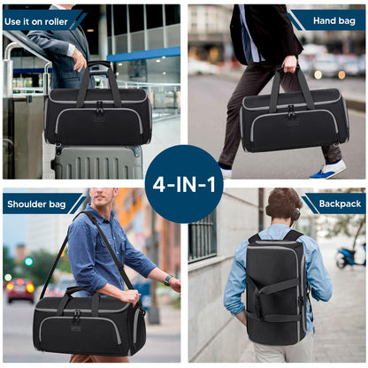 Vessgra Convertible Garment Bags for Travel, 4 in 1 Duffle Bag for Travel 58L Capacity Carry on Garment Bag with Shoes Compartment Travel Garment Bag with Shoulder Straps Suit Bag for Men Women,Black