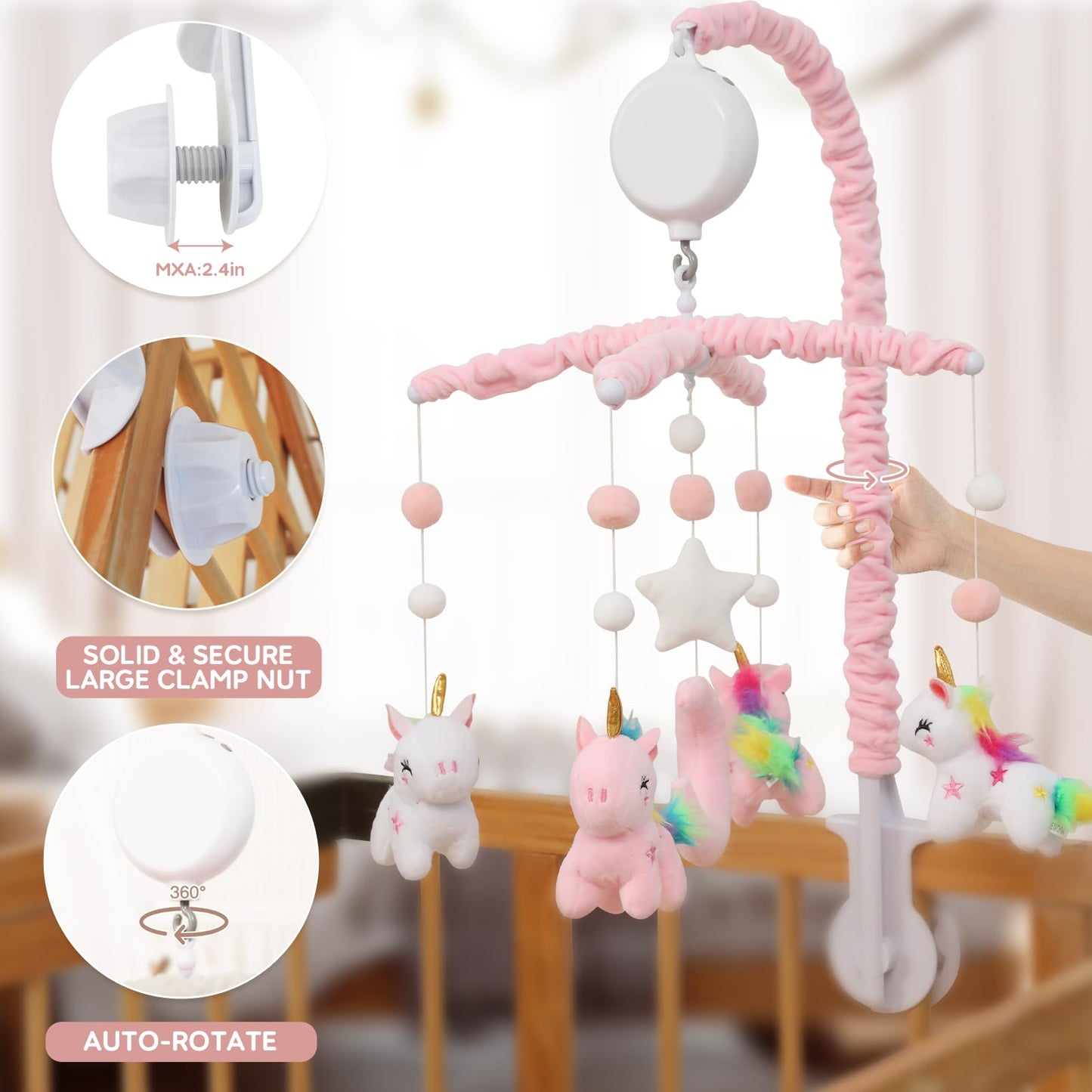 Baby Crib Mobile - Unicorn Crib Mobile for Girls with 28 Inches Mobile Arm and 35 Lullabies Musical Box, 3 Modes Digital, Volume Control, Essential Gift for Infant Bedroom Hanging Decor