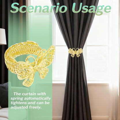 Butterfly Curtain Tiebacks 4 Pack, Gold Metal Curtain Holdbacks, Decorative Boho Curtain Tie Backs for Drapes, Self-Closing Window Curtain Holders for Home Office Cafe Balcony (Gold)