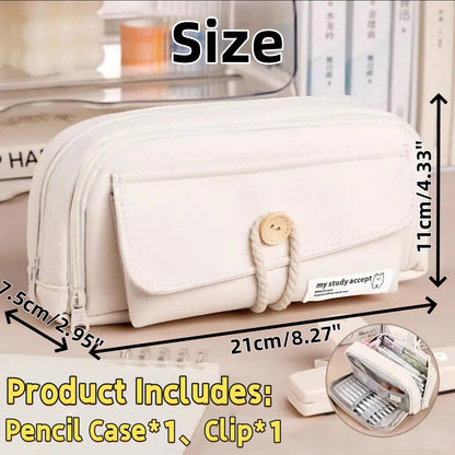 UIVXXUD Simple Style Cotton Rope Pencil Holder - Large Capacity Multi-layered Pencil Case Organizer, Aesthetic Minimalist Fabric Pen Pouch with Zipper, Durable Eco-Friendly Pen Pouch Bag (Beige)