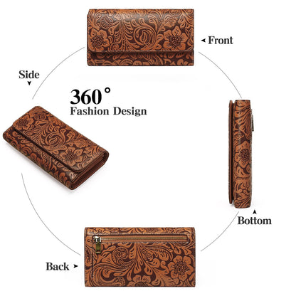 GOIACII Women's Wallet RFID Blocking Long Clutch Ladies Purse Vegan Leather Embossed Flower Brown