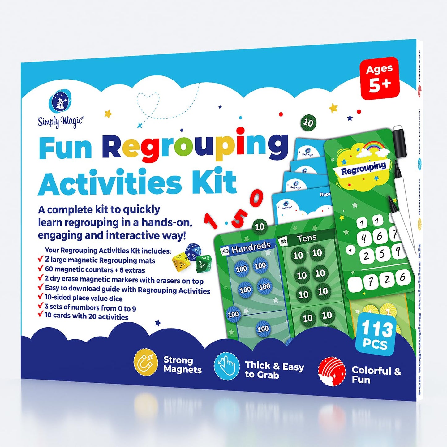 113 PCS Fun Magnetic Regrouping Activities Kit, Place Value Magnets 1st 2nd 3rd 4th Grade, Magnetic Place Value Chart Mat, Magnetic Place Value Discs Chips, Base Ten Math Manipulatives - Simply Magic