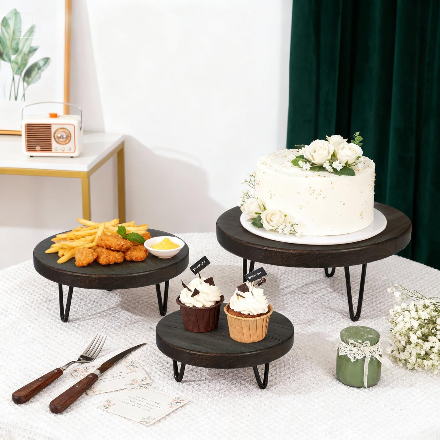 jubilander 3 Pcs Buffet Risers, Wood Round Food Riser Dessert Table Display Stand Set for Party Wood Cupcake Stands Nesting Table for Home Decor (Walnut)