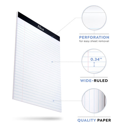 Alitte Legal Notepads 8.5 x 11, Pack of 3 - Perforated Wide Ruled Writing Pad - Premium Thick Paper, No Ink Bleeding - Blank Legal Pads For Home, Office, School, Business - 50 Sheets Per Notebook