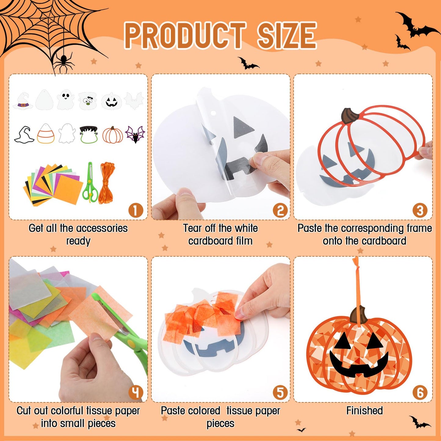 Feifeiya 24 Set Halloween Suncatcher Crafts with Tissue Paper DIY Stained Glass Effect Sun Catcher Kit Make Your Own Halloween Crafts Hanging Ornaments for Window Activity Creative Projects