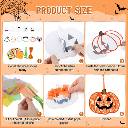 Feifeiya 24 Set Halloween Suncatcher Crafts with Tissue Paper DIY Stained Glass Effect Sun Catcher Kit Make Your Own Halloween Crafts Hanging Ornaments for Window Activity Creative Projects