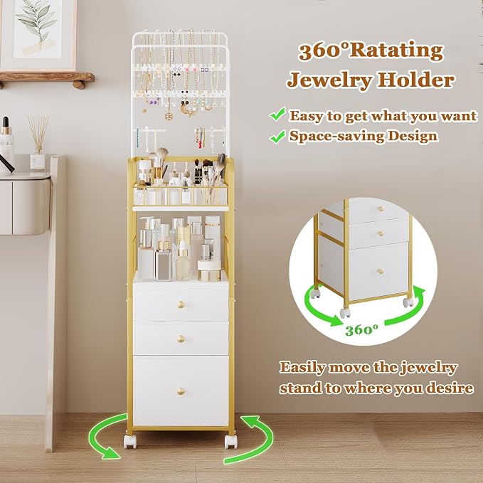 Makeup Organizer Cart with 3 Drawers, Jewelry Organizers and Storage for Earring Necklace, Large Vanity Storage Organizer for Skin Care Perfume Make up Brush Nail Polish Hair Tool (Gold)