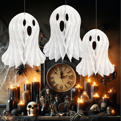 LUANTIANPAI Halloween Ghost Honeycomb Hanging Decorations 6 Pcs White Table Centerpiece Paper Hanging Ornaments Halloween Party Window Spooky Haunted House Desk Decor