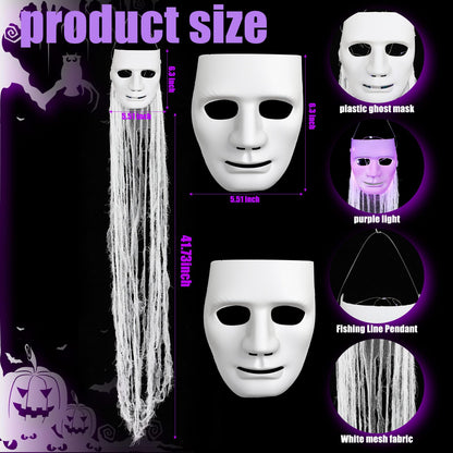VitalCozy 4 Pcs Halloween Decorations Outdoor Hanging Ghost White Masks with Purple LED Lights Swinging Floating Glowing Ghost Light up Halloween Outdoor Tree Lawn Yard Garden Porch Decorations