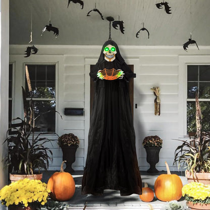 71” Halloween Hanging Animated Skeleton Ghost Decoration with Sound Activated, Candy Dish, Glowing Eyes, Spooky Sounds for Halloween Haunted House Prop and Party Decor, Indoor/Outdoor Display