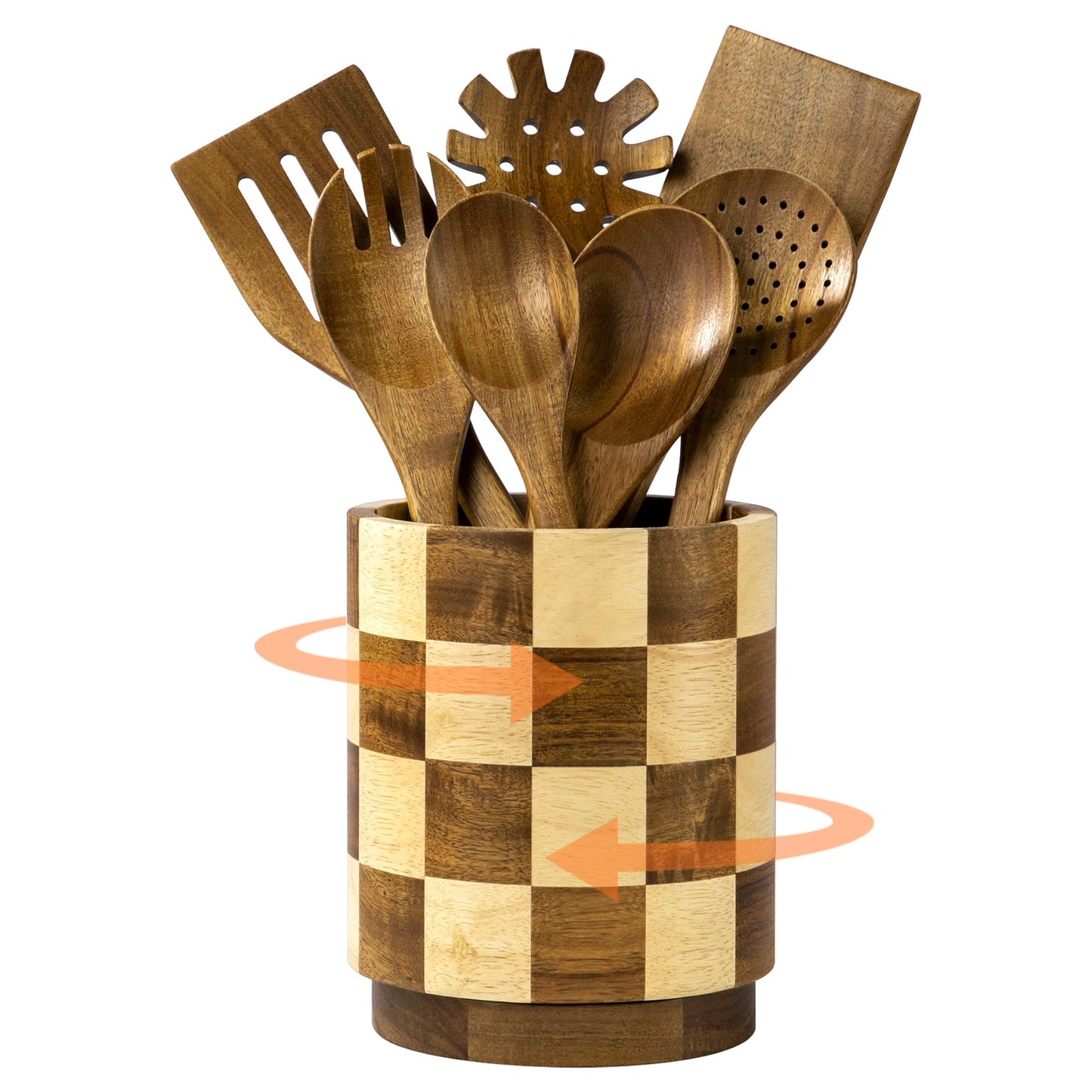 Fyctio Wooden Utensil Holder, 360° Rotating Acacia Wood Kitchen Utensil Holder for Countertop, 7.2" Non-Slip Large Utensil Holder for Kitchen, Farmhouse Countertop Decor, Spatula Holders, Checkered