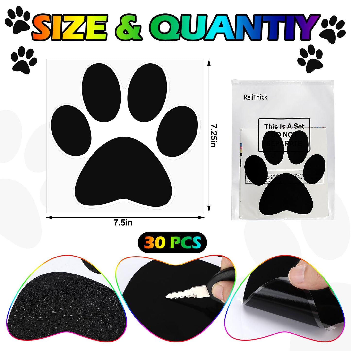 ReliThick 30 Pcs Paw Print Floor Decal 7.5" Large Pawprints Wall Cling Self Adhesive Footprint Floor Cling Window Stickers Wall Decal for Bedroom Living Room Decor(Black)
