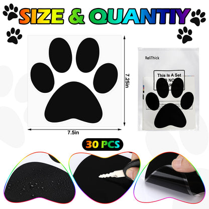 ReliThick 30 Pcs Paw Print Floor Decal 7.5" Large Pawprints Wall Cling Self Adhesive Footprint Floor Cling Window Stickers Wall Decal for Bedroom Living Room Decor(Black)