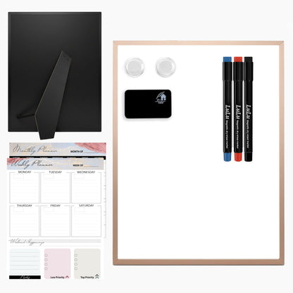 Lulu Office Magnetic Dry Erase Board 12x16 with Foldable Stand, Portable Rose Gold Desktop Whiteboard for Home, Office, School & Kitchen, Includes Weekly & Monthly Magnetic Planner Sheets