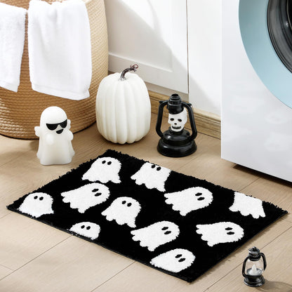 Hillsuren Black Ghost Bath Mat Soft Halloween Bathroom Rug Non Slip Cute Spooky Ghost Bathroom Decoration Shaggy Plush Microfiber Rug Halloween Decor for Home Bedroom Shower Floor, 15.75 x 23.62 Inch