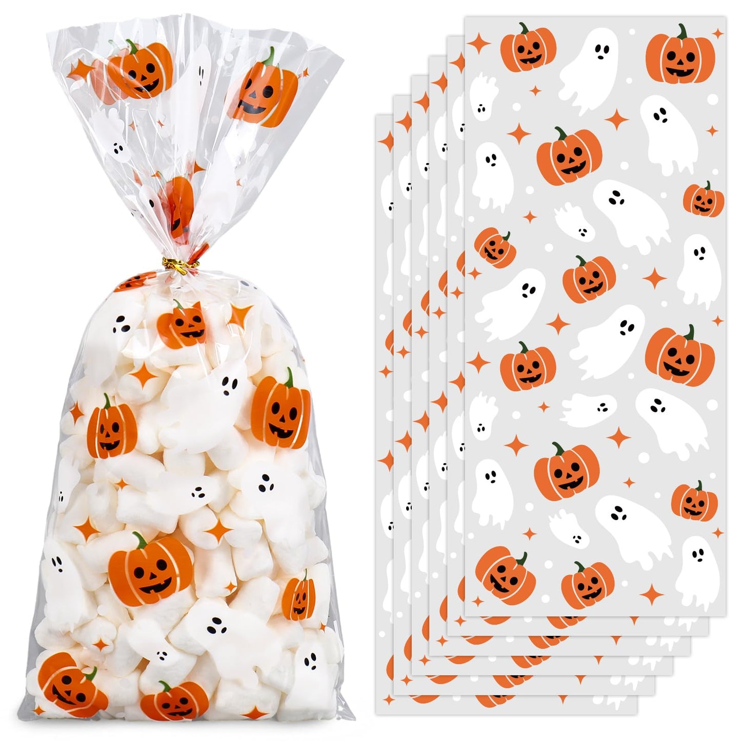 JarThenaAMCS 100Pcs Halloween Cellophane Bags with Twist Ties Ghost Pumpkin Treat Bag Clear Plastic Candy Goodie Bags for Birthday Party Favors Supplies