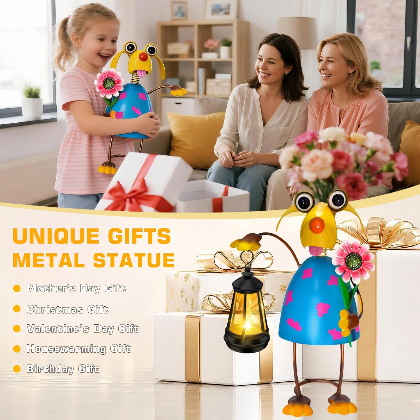 Solar Garden Lights Dog Statue with Solar Lantern Lights,13.38in Tall Dog Decor Outdoor Figurine Lights,Birthday Gifts for Women Mom Grandma,Big Metal Decorative Stakes for Patio,Porch,Yard Art,Lawn