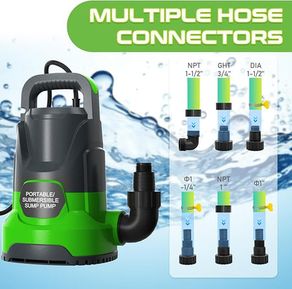 Sump Pump 1HP Submersible Water Pump 3700GPH Electric Portable Transfer Water Pump for Pool Draining Basement, Green
