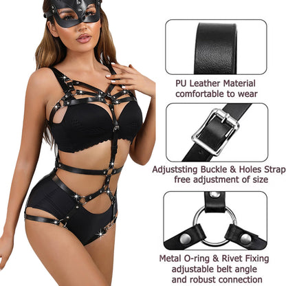 HYIJCSUC Punk Belts PU Leather Body Chain Waist Belt Womens Body Harness Belt Adjustable Leather Caged Harness Lingerie Set for Nightclub Dress Cosplay Costume Clubwear Masquerade Party