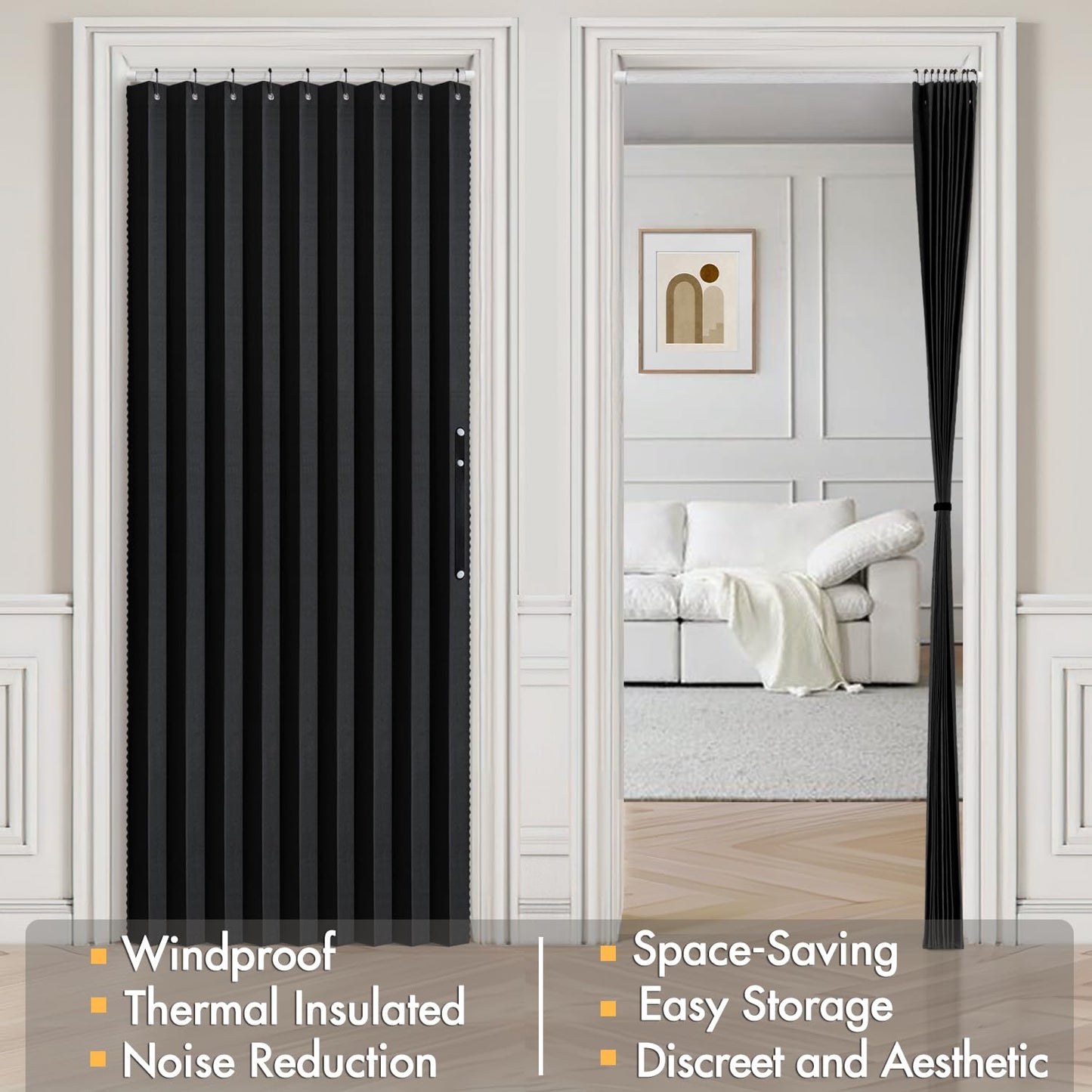 MIULEE Halloween Accordion Style Magnetic Folding Door Curtains for Doorways/Closet, Room Divider Pleated Drapes with Hooks for Interior Living Room/Open Closet, Black, W42 x L78 inches, 1 Panel