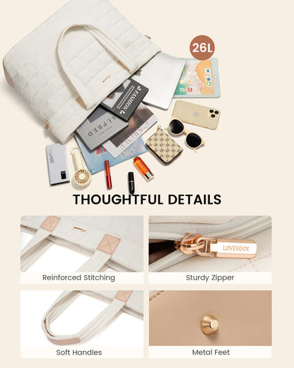 LOVEVOOK Laptop Tote Bag for Women, 15.6 Inch Large Puffer Work Computer Tote Bags for Teacher Nurse, Quilted Women's Purse Tote Shoulder Handbags with Zipper for Travel College Office Gym, Beige