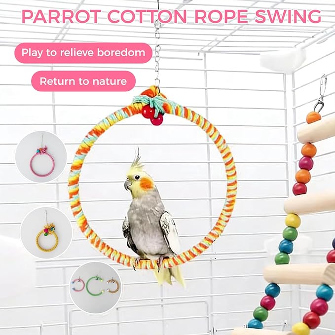 Colorful Circular Bird Swing,Bird Rope Chewing Toys Parrot Cage Bite Toys (Small Half-Round Yellow)