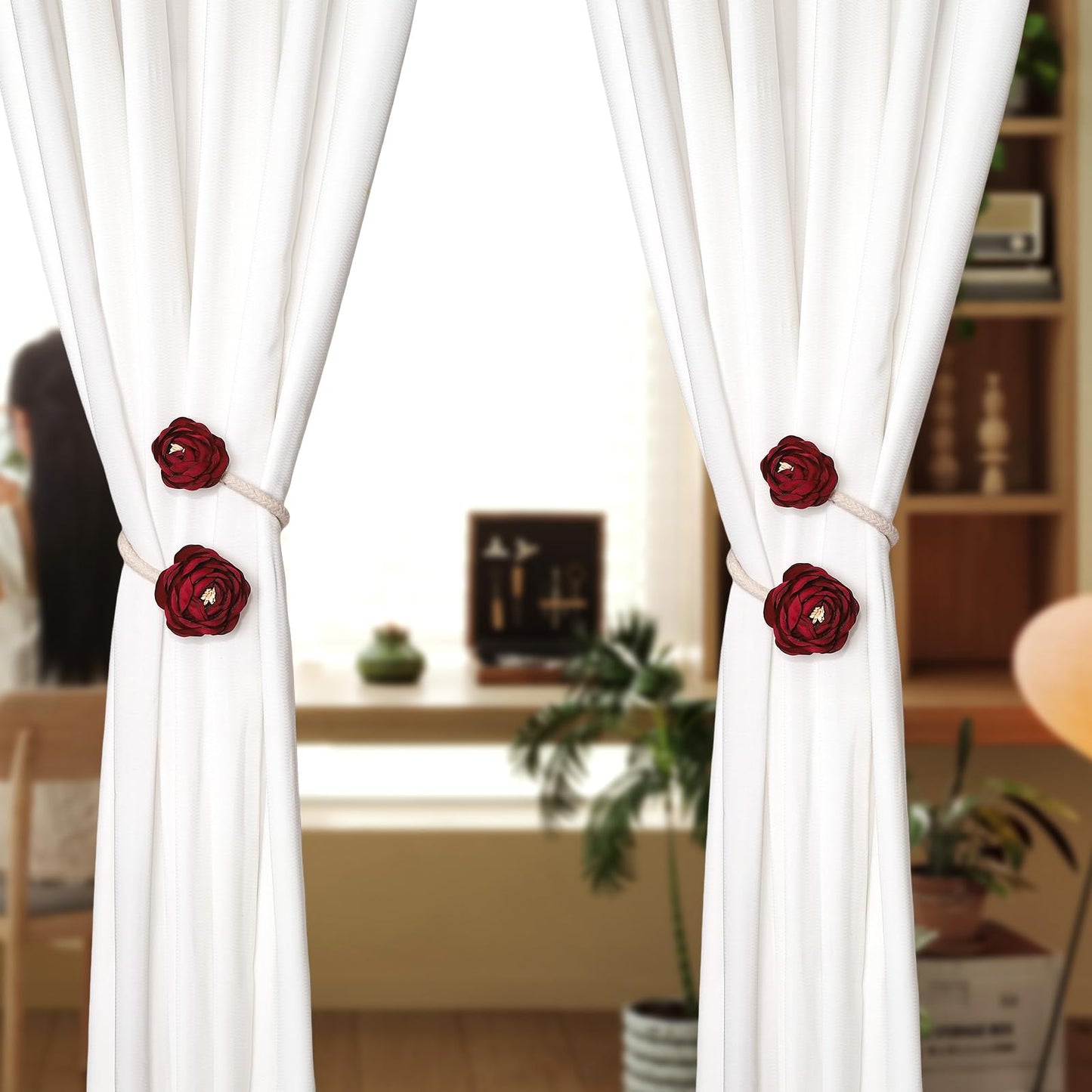 SUQ I OME 2 Pieces Handmade Artificial Christmas Red Flower Curtain Holdbacks,Curtain Tiebacks Clips Creative Window Drape Twist Tie Backs for Christmas Decorative Draperies Holdbacks (Wine Red)