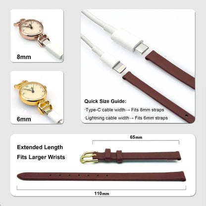 IVAPPON 8mm Solid Brown Smooth Italian Calfskin Watch Bands for Women (Gold Buckle)