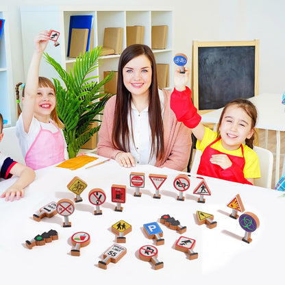 Blosssound Wooden Toys Set for Preschool Classroom - Multicultural Career People Blocks Educational Wooden Play for Kids Learning Toys Play Games Activity Supplies(32 Pcs,Traffic Signals)