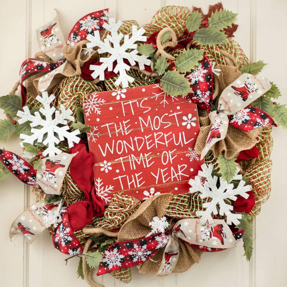 The Most Wonderful Time Christmas Sign - 10" x 10", Red, White Snowflakes, Wreath Decoration, Home Xmas Decor, Kitchen, Bathroom, Wall Art