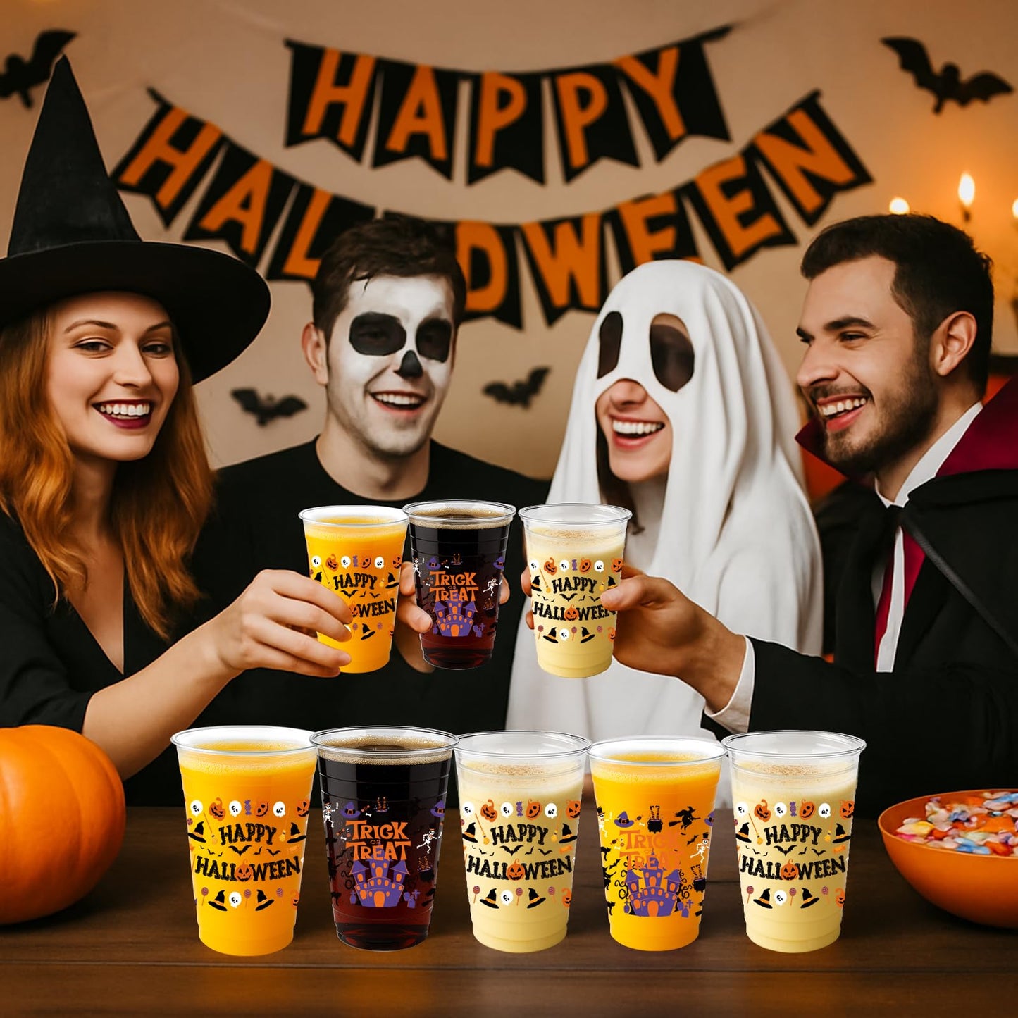 60PCS 16oz Halloween Cups – Disposable Plastic Happy Halloween and Trick or Treat Cups with 2 Unique Designs for Party Supplies, and Drinks