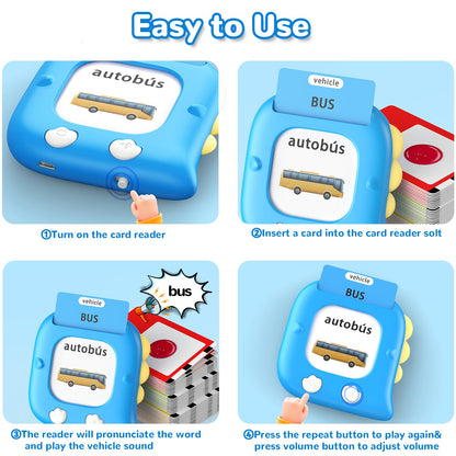Kidzdo 520 Bilingual Spanish English Talking Flash Cards, Birthday Gifts Easter Present for 2 3 4 5 6 Year Old Boys and Girls, Pocket Speech Therapy Toys, Portable Toddlers Toys, Blue