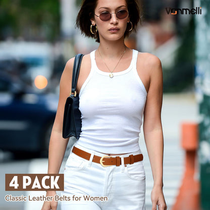 VONMELLI 4 Packs Thin Belts for Women Jeans Dress Fashion Womens Skinny Leather Belt Ladies Belt with Gold Buckle, Black Brown Coffee Beige, XXS