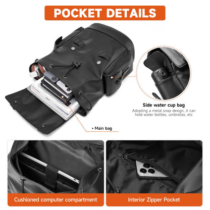 MATE ELAN Leather Backpack Waterproof Fit 15.6 Inch Laptop Vintage Drawstring Design Large Capacity Travel Sports Outdoor Casual Black Men Women College Backpack