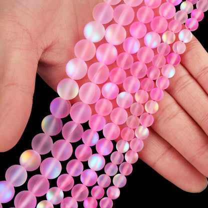 Matte Pink Aurora Crystal Glass Beads, 8MM Frosted Glitter Shining Mermaid Round Loose Beads, Rainbow Holographic Synthetic Moonstone for Jewelry Making DIY Bracelet