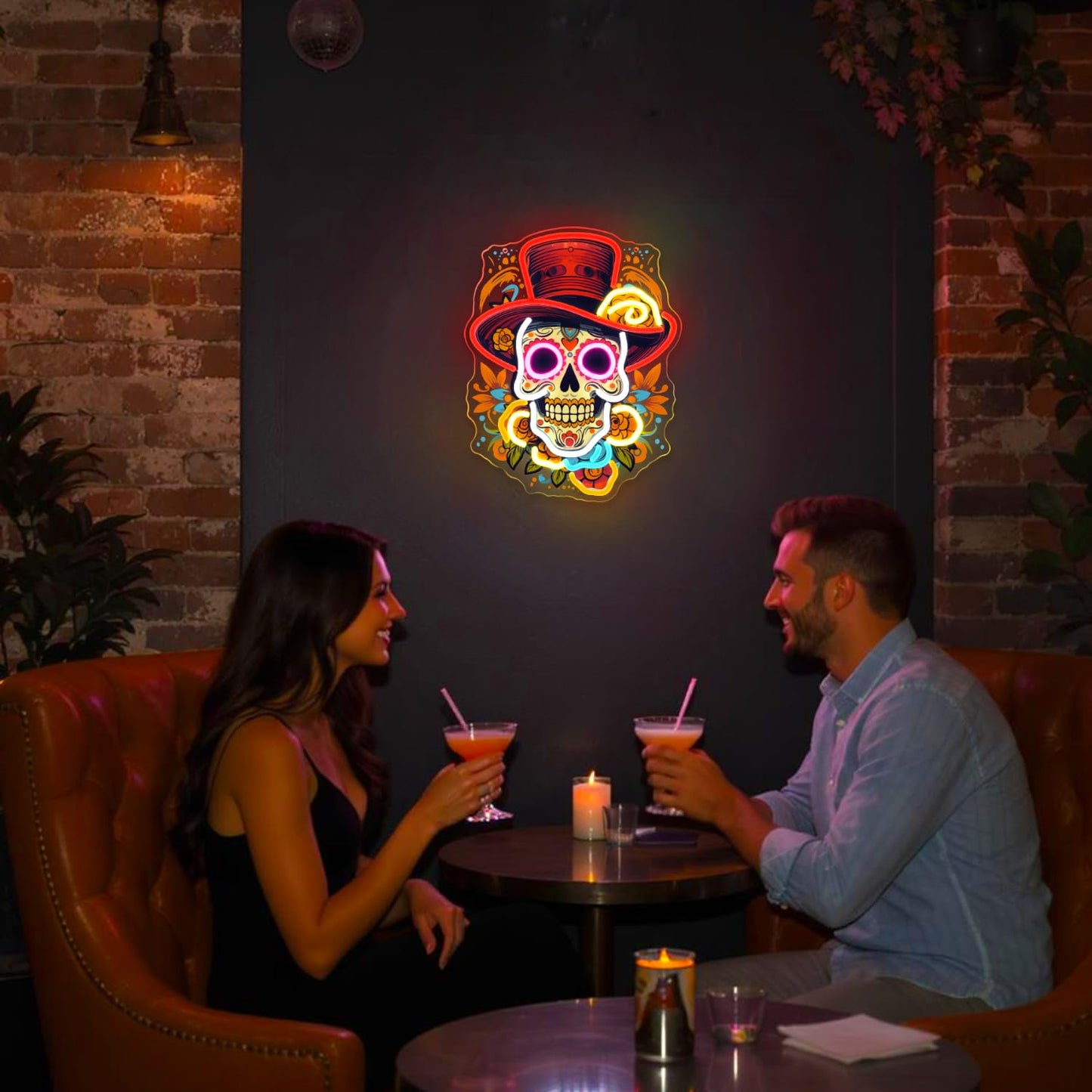 Sneignon Day of the Dead Neon Sign - Mexican Sugar Skull LED Neon Light for Home & Bar Decor,UV Printed Art with Flexible LED Strip,Halloween & Día de Muertos Party Decoration (Red）