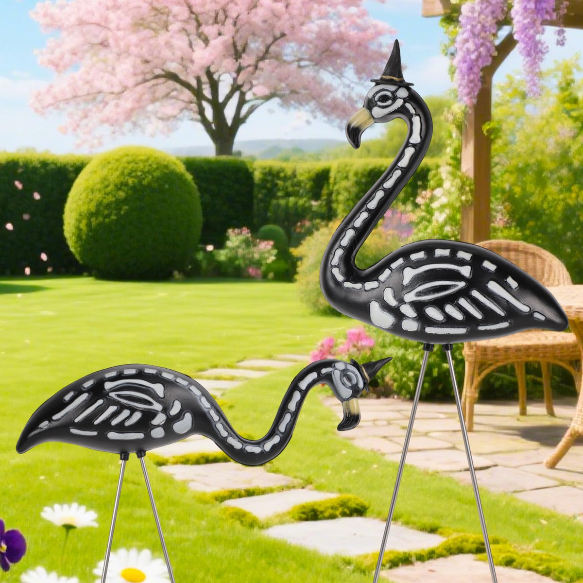 Goktvai 2pcs Halloween Skeleton Flamingos Garden Decor, Realistic Black Zombie Flamingo Figurines with Stakes for Outdoor Lawn Yard Halloween Animal Statue Ornament Window Display