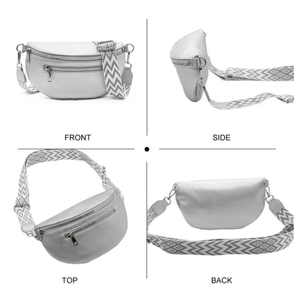 Long Keeper Crossbody Bags for Women Vegan Leather Trendy Sling Chest Bag with Adjustable Wide Strap Small Travel Fanny Pack (Silver)
