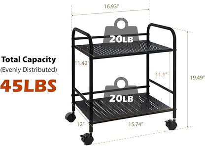 SunnyPoint 2-Tier Metal Rolling Utility Cart – Mobile Storage Shelf with Caster Wheels – Small Space Organizer for Home, Office, Bedroom, Kitchen (BLK) (Pack of 2)
