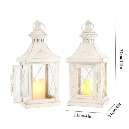 TRIROCKS Set of 2 Decorative Candle Lantern 11'' High Metal Candle Holder Hanging Lantern Perfect for Home Decor Halloween Living Room Parties Events Tabletop Indoors Outdoors (White with Gold Brush)