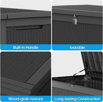 ROJIK Outdoor Storage Housing Deck Box - Waterproof Patio Furniture, Garden Tools, Cushions, Pool Accessories Storage Bench with Lockable Lid and Side Handles (Black, 315 Gal)