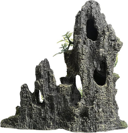 Saim Large Aquarium Mountain View Stone 11.02" Tall Resin Cave Ornament – Betta Hideout with Artificial Plants, for Cichlids Goldfish, Multi-Cave Aquascape Fish Tank Accessories