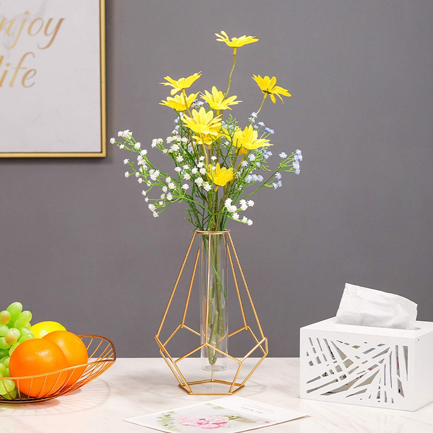 Metal Frame Vase Geometric Glass Flower Vase, Lantern Shape Glass Test Tube Vase, Modern Creative Clear Tube Glass Planter Terrariums with Geometric Metal Stand for Decor Office Home (Golden B)