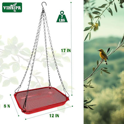 Hanging Bird Feeder for Outdoors – 12 x 8 in Rectangular Platform Bird Feeder, Metal Mesh Seed Tray for Wild Birds, Red
