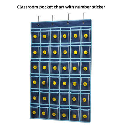 SAVERHO 36 Clear Pockets Classroom Pocket Chart for Cell Phone and Calculator Holder, Door Hanging Pocket Chart for Classroom Phone Holder with Number Sticker and Hooks (Blue)