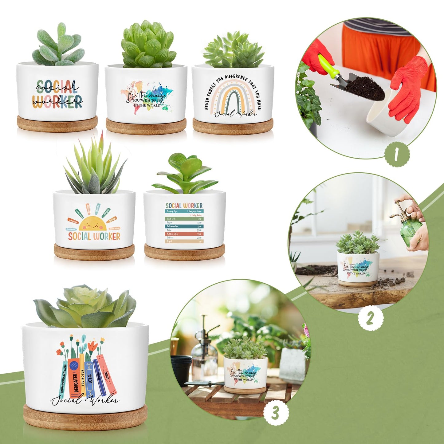 Sieral Thank You Employee Appreciation Gift Succulent Pots,Graduation Gift for Teacher, Ceramic Plant Pot with Bamboo Tray Succulent Planter for Coworker Mentor, Plants Excluded(12 Pcs,Social Worker)